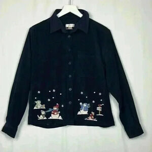 Christopher & Banks Womens Top Navy Blue M Christmas Snowmen Button Up Pocket